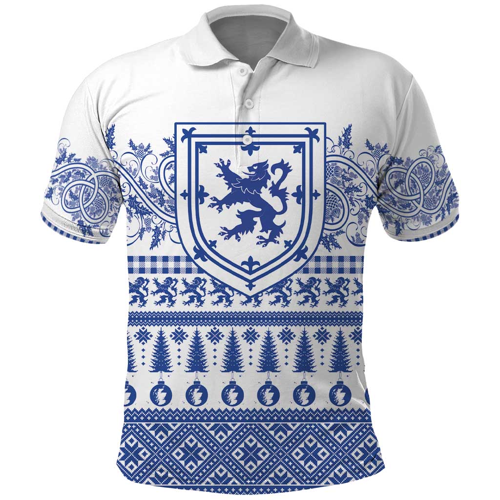 Scottish Christmas Polo Shirt Scotland Thistle and Celtic Knot White-Blue Color LT03