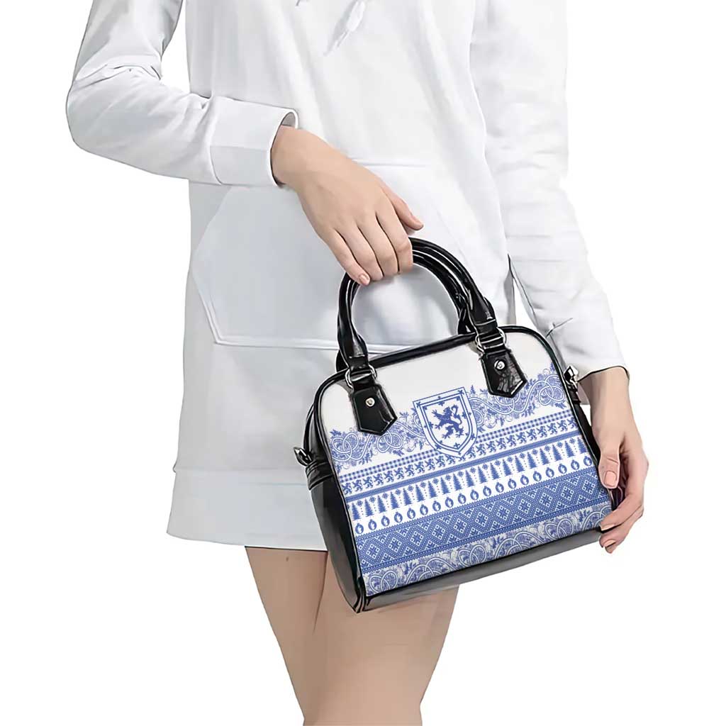 Scottish Christmas Shoulder Handbag Scotland Thistle and Celtic Knot White-Blue Color LT03