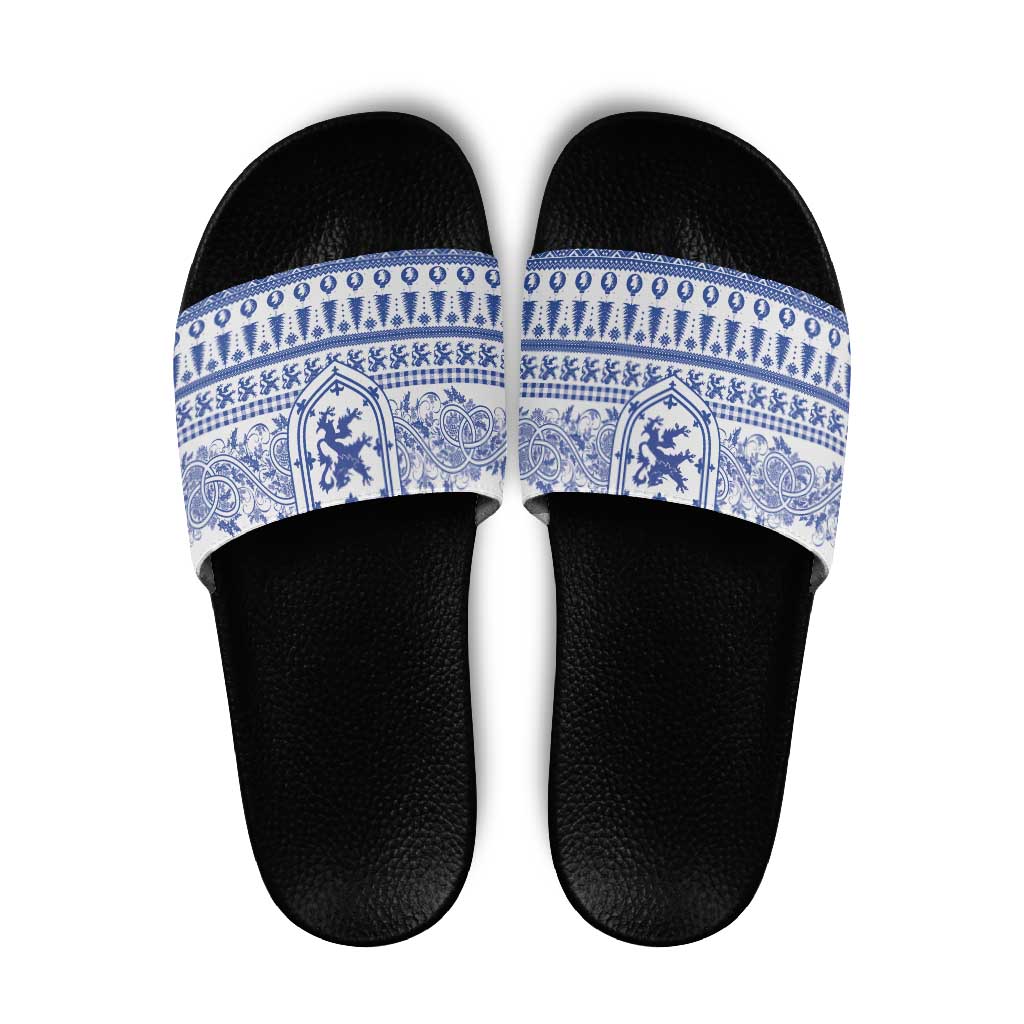 Scottish Christmas Slide Sandals Scotland Thistle and Celtic Knot White-Blue Color LT03
