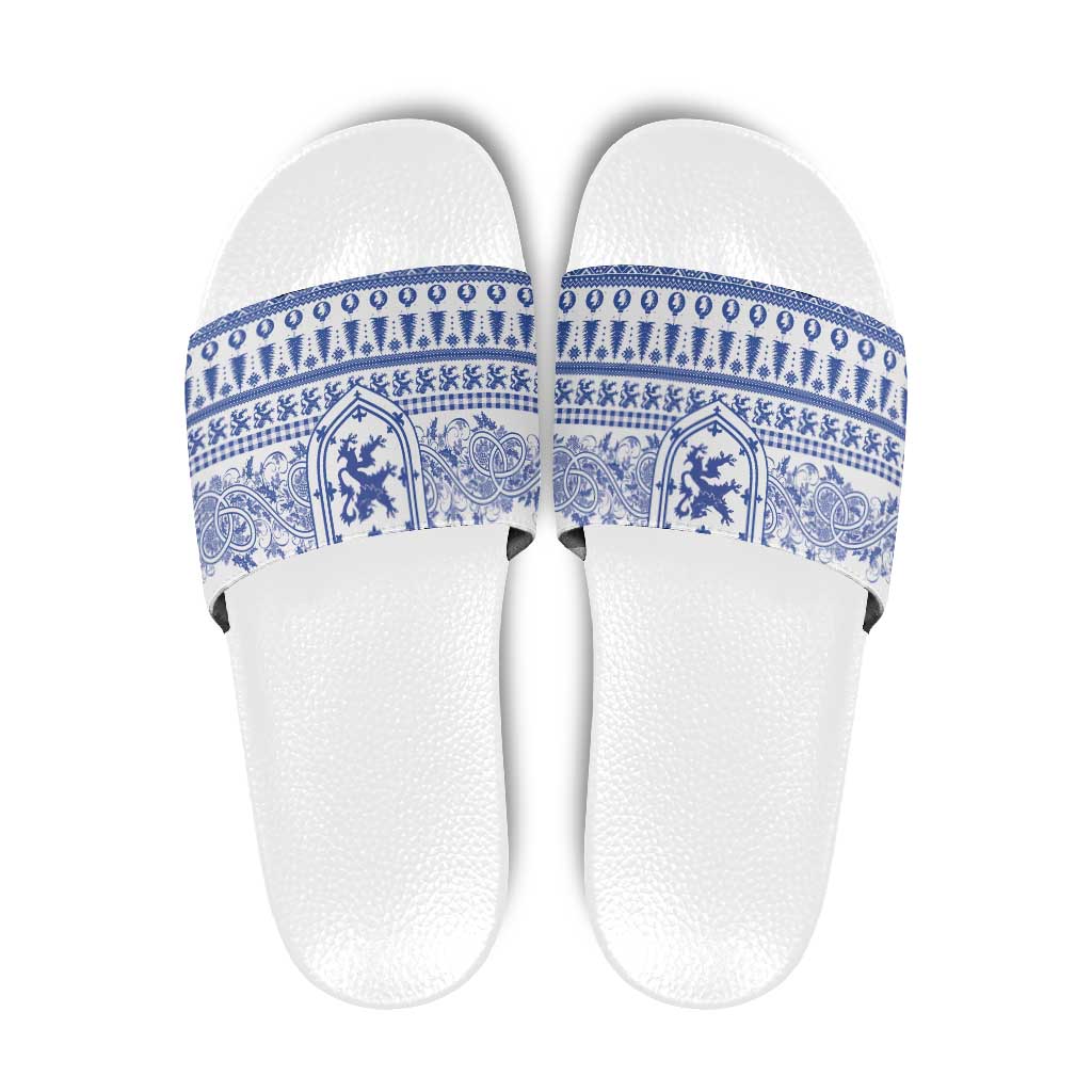 Scottish Christmas Slide Sandals Scotland Thistle and Celtic Knot White-Blue Color LT03