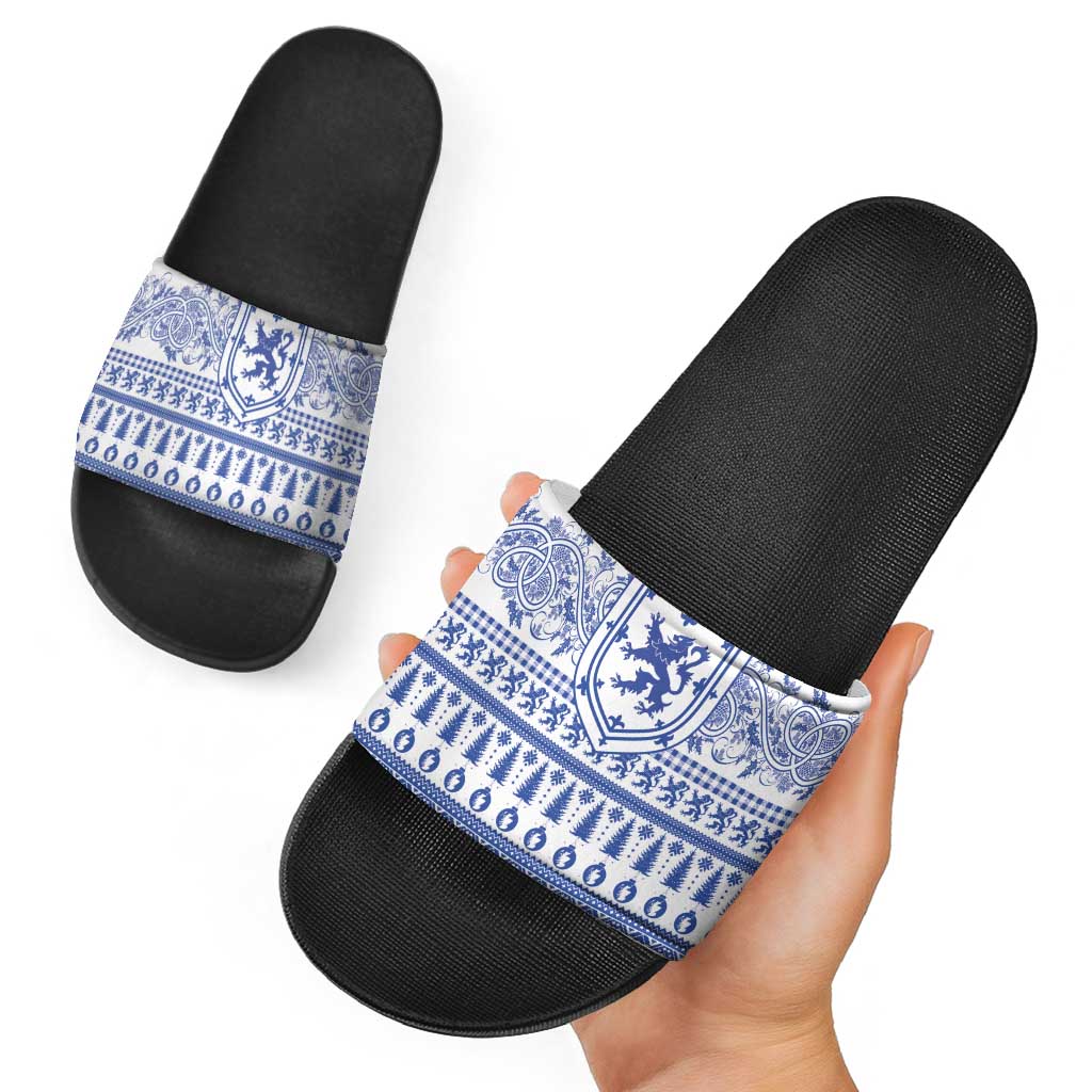 Scottish Christmas Slide Sandals Scotland Thistle and Celtic Knot White-Blue Color LT03