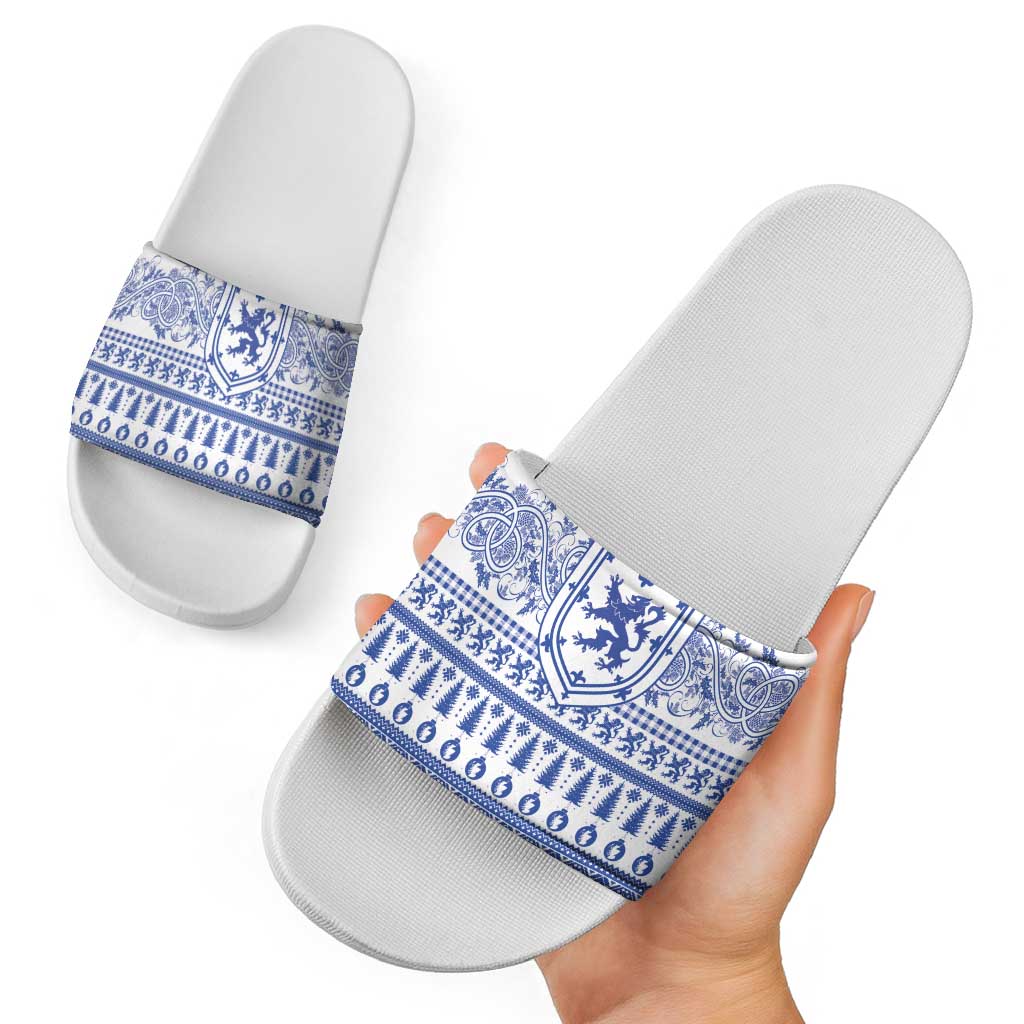 Scottish Christmas Slide Sandals Scotland Thistle and Celtic Knot White-Blue Color LT03