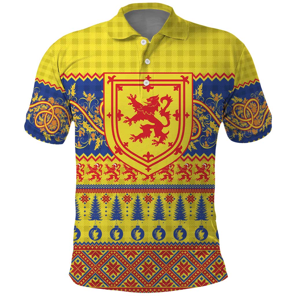 Scottish Christmas Polo Shirt Scotland Thistle and Celtic Knot Yellow-Red Color LT03