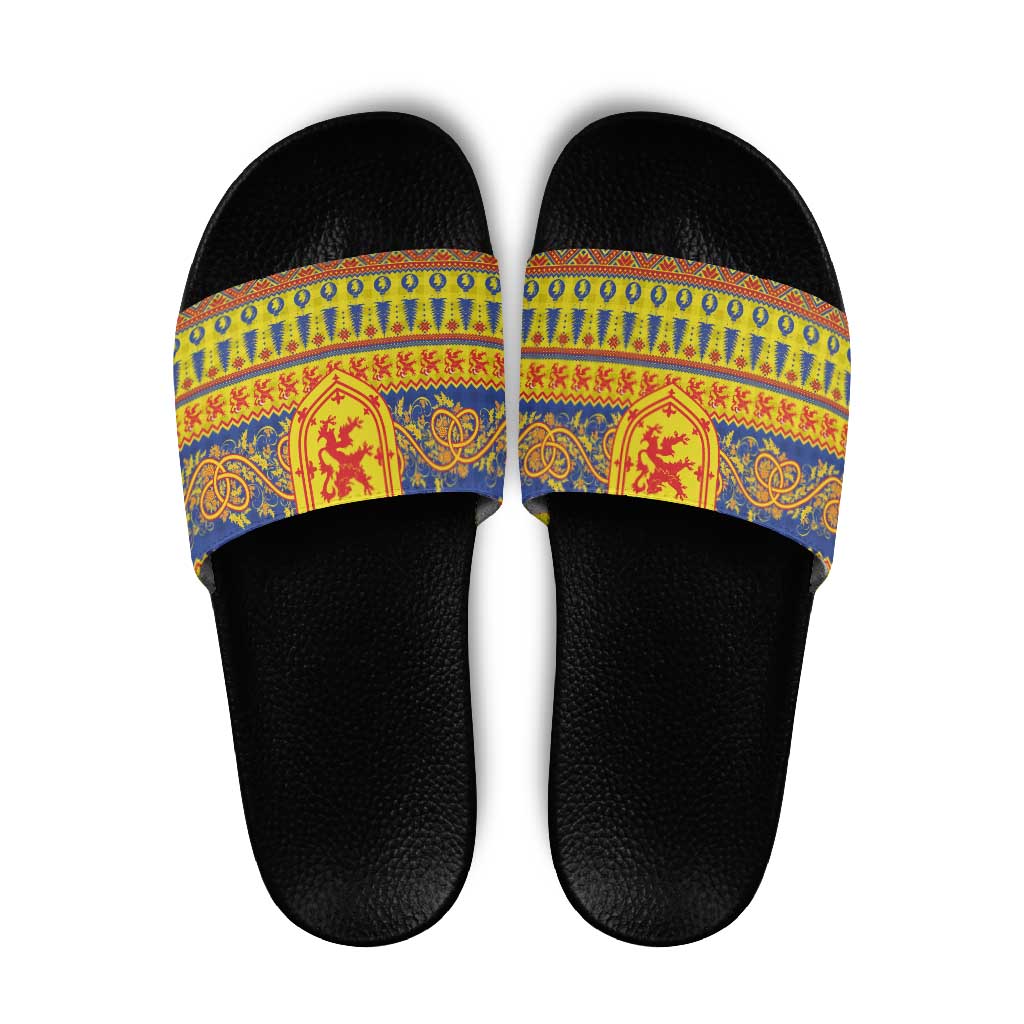 Scottish Christmas Slide Sandals Scotland Thistle and Celtic Knot Yellow-Red Color LT03