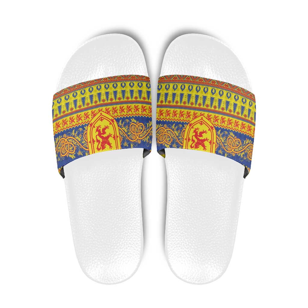 Scottish Christmas Slide Sandals Scotland Thistle and Celtic Knot Yellow-Red Color LT03