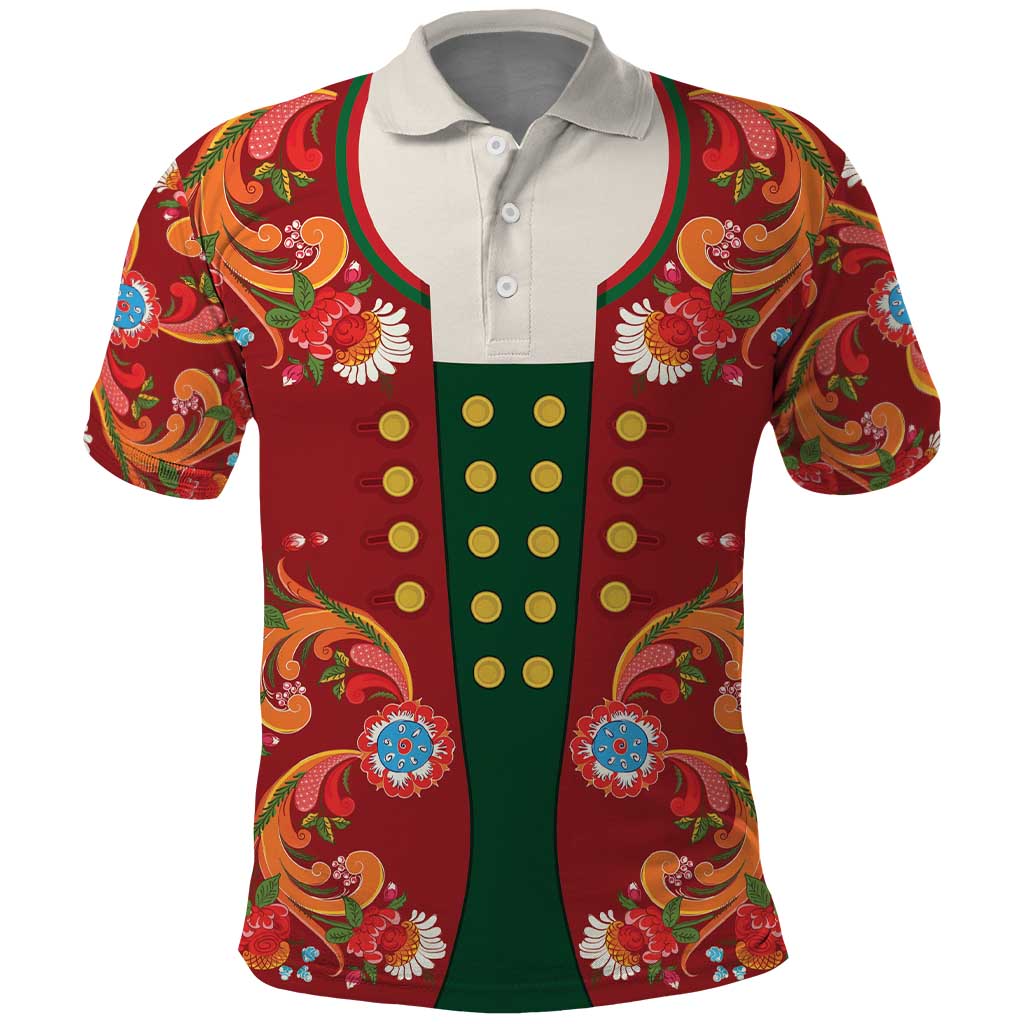Norwegian Male Bunad Polo Shirt with Rosemaling Folk Art Red Color LT03