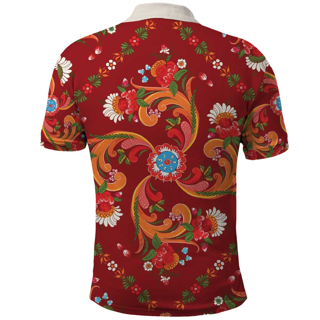 Norwegian Male Bunad Polo Shirt with Rosemaling Folk Art Red Color LT03