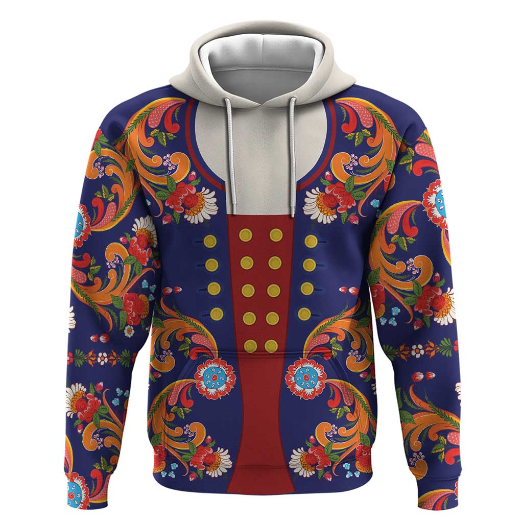 Norwegian Male Bunad Hoodie with Rosemaling Folk Art Navy Color LT03