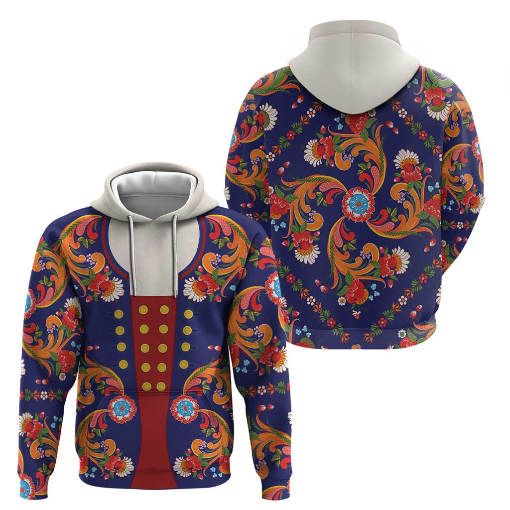 Norwegian Male Bunad Hoodie with Rosemaling Folk Art Navy Color LT03