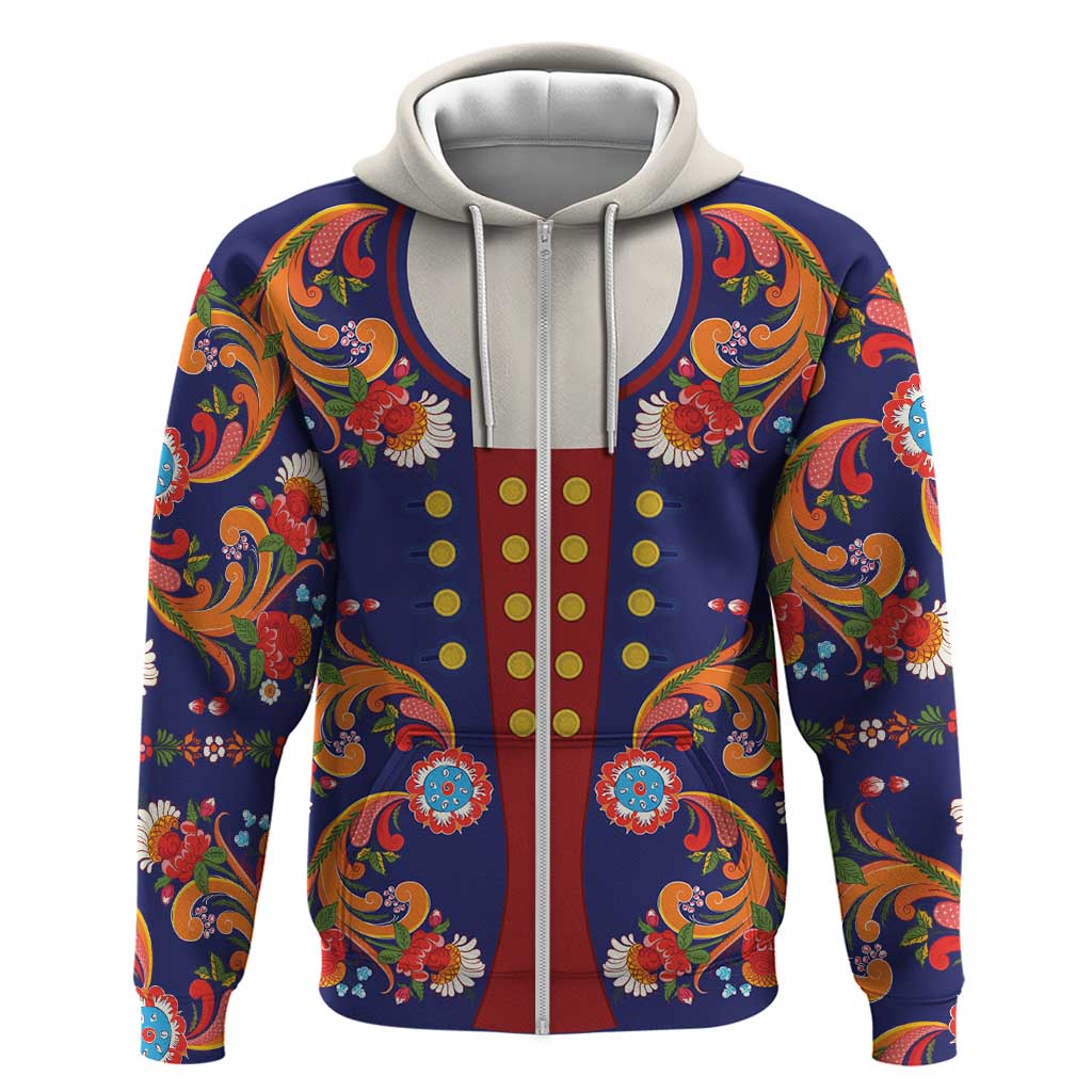 Norwegian Male Bunad Hoodie with Rosemaling Folk Art Navy Color LT03