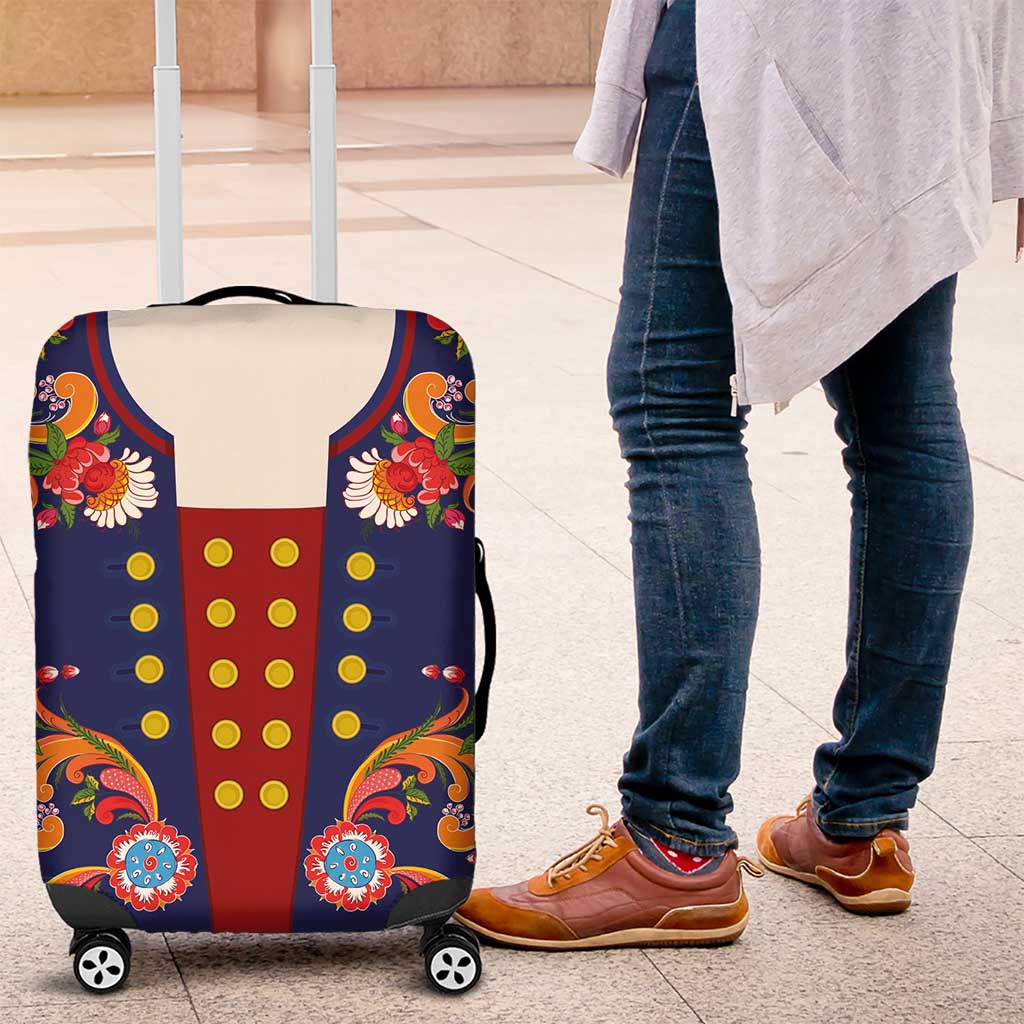Norwegian Male Bunad Luggage Cover with Rosemaling Folk Art Navy Color LT03