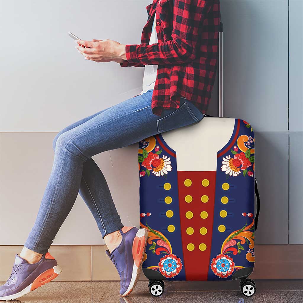 Norwegian Male Bunad Luggage Cover with Rosemaling Folk Art Navy Color LT03