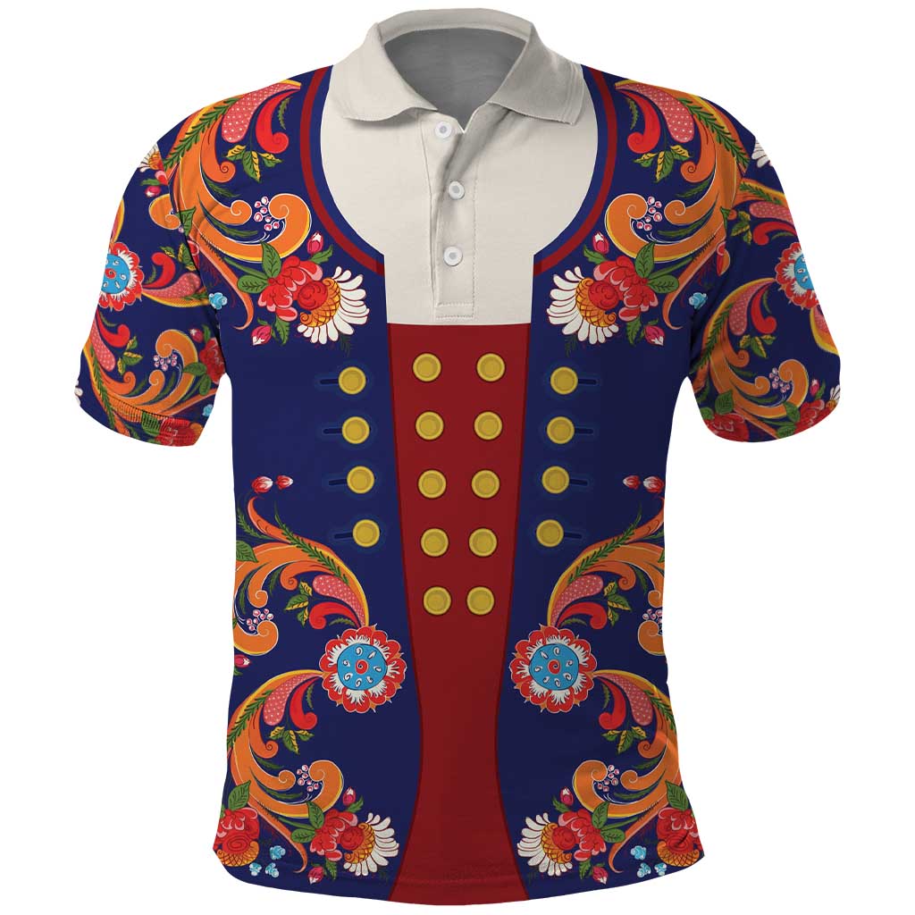 Norwegian Male Bunad Polo Shirt with Rosemaling Folk Art Navy Color LT03
