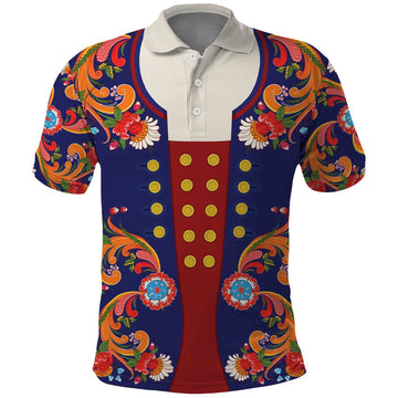 Norwegian Male Bunad Polo Shirt with Rosemaling Folk Art Navy Color LT03