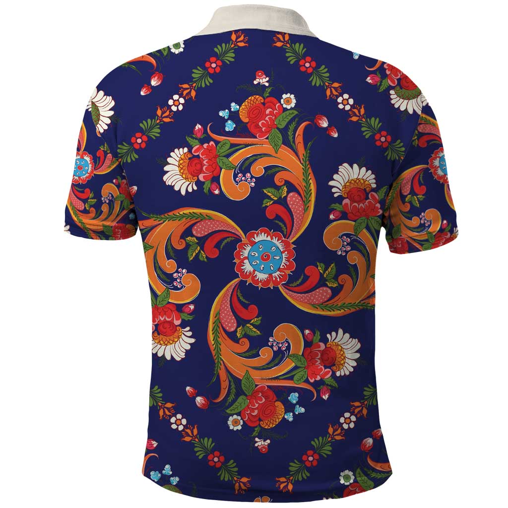 Norwegian Male Bunad Polo Shirt with Rosemaling Folk Art Navy Color LT03