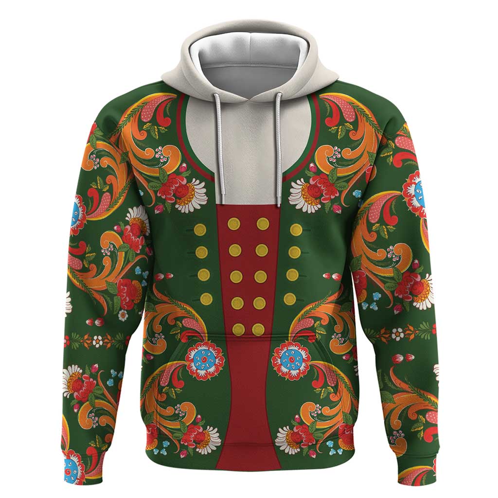 Norwegian Male Bunad Hoodie with Rosemaling Folk Art Green Color LT03