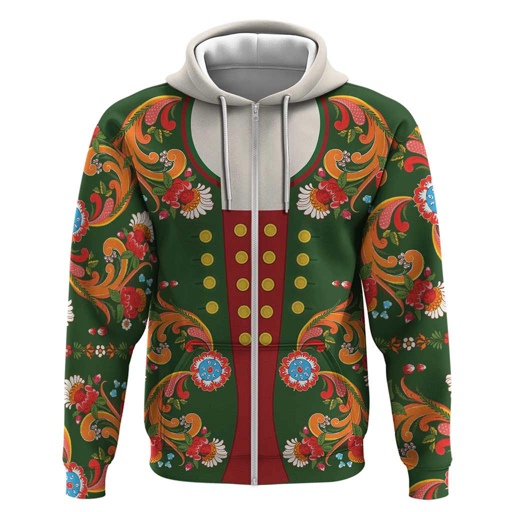 Norwegian Male Bunad Hoodie with Rosemaling Folk Art Green Color LT03
