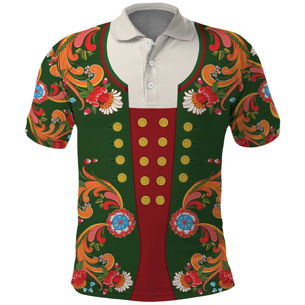 Norwegian Male Bunad Polo Shirt with Rosemaling Folk Art Green Color LT03
