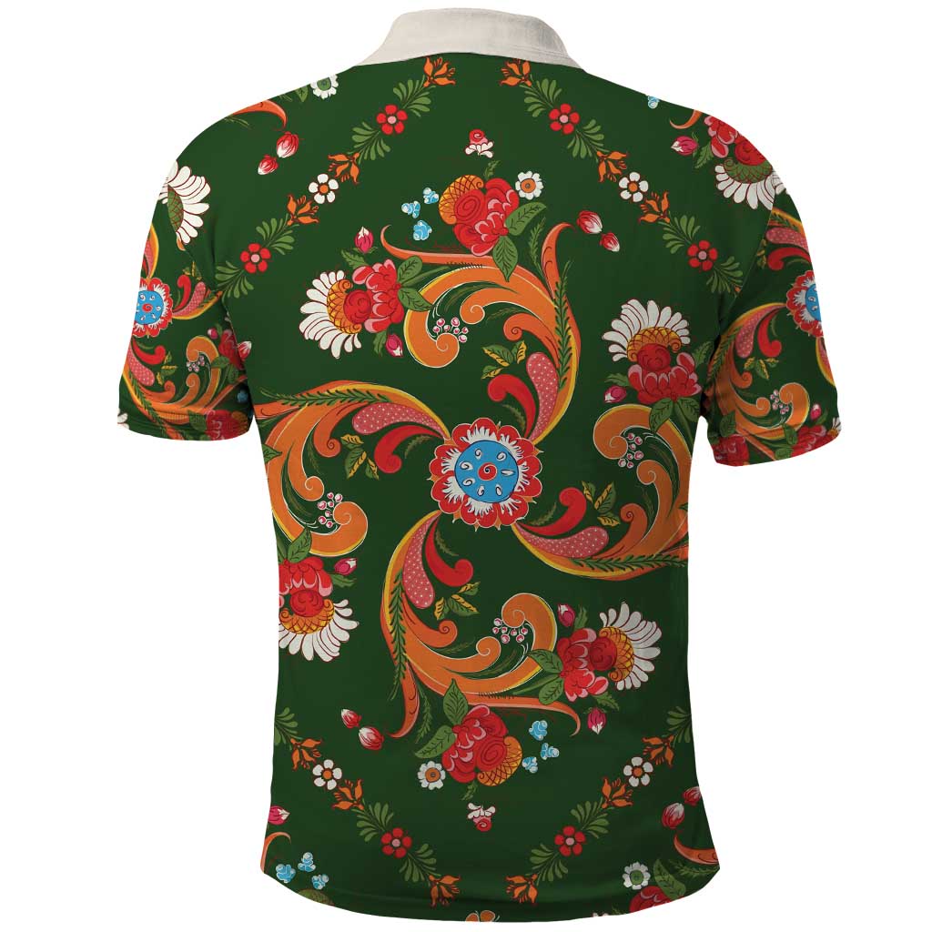 Norwegian Male Bunad Polo Shirt with Rosemaling Folk Art Green Color LT03
