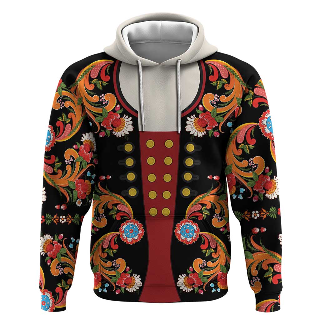 Norwegian Male Bunad Hoodie with Rosemaling Folk Art Black Color LT03