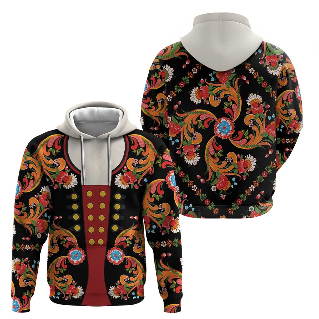 Norwegian Male Bunad Hoodie with Rosemaling Folk Art Black Color LT03