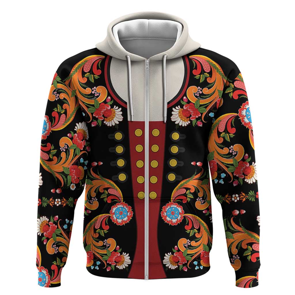 Norwegian Male Bunad Hoodie with Rosemaling Folk Art Black Color LT03