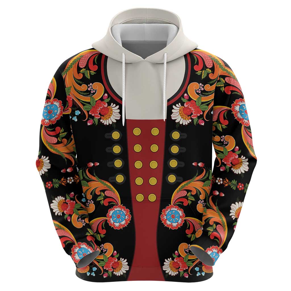 Norwegian Male Bunad Hoodie with Rosemaling Folk Art Black Color LT03