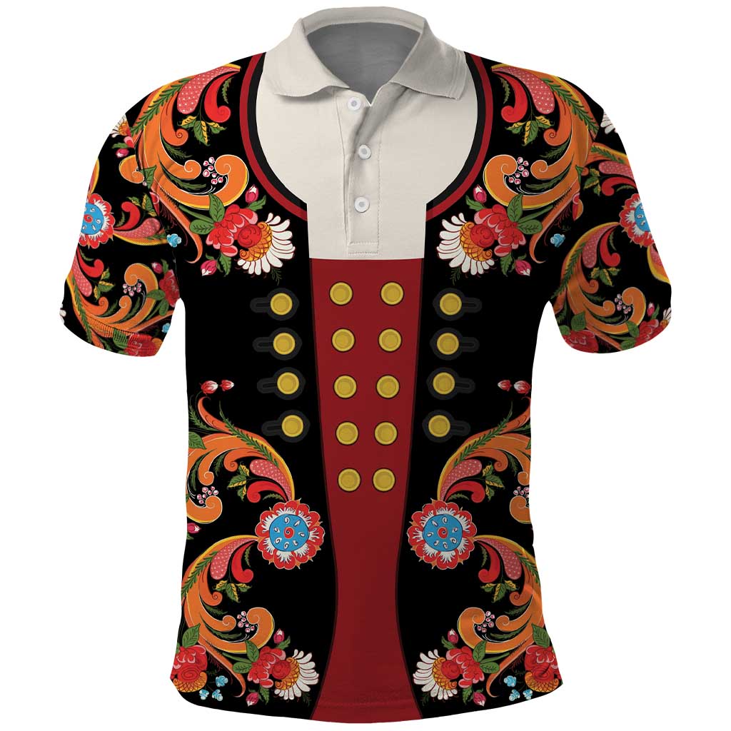 Norwegian Male Bunad Polo Shirt with Rosemaling Folk Art Black Color LT03