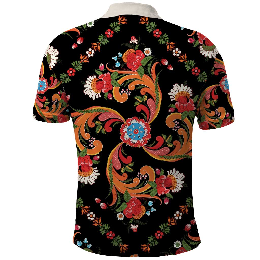 Norwegian Male Bunad Polo Shirt with Rosemaling Folk Art Black Color LT03