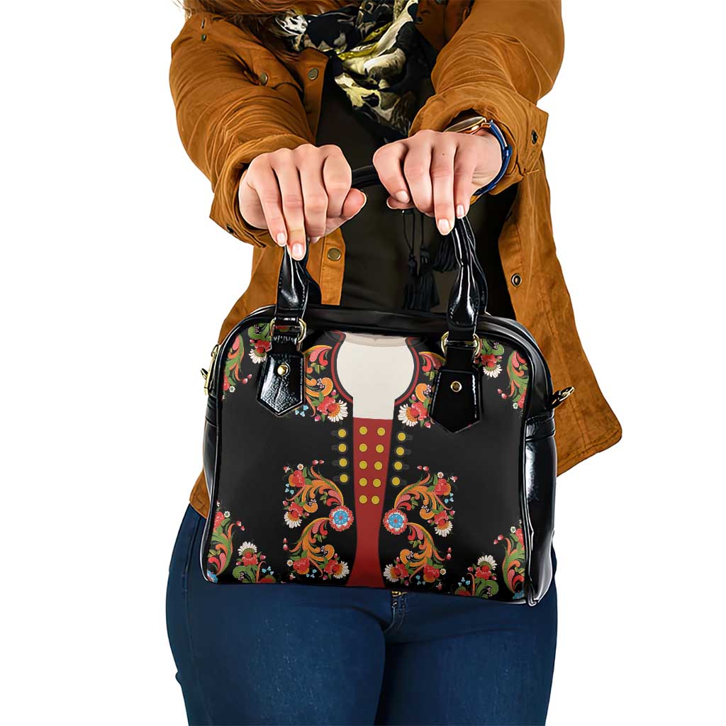 Norwegian Male Bunad Shoulder Handbag with Rosemaling Folk Art Black Color LT03