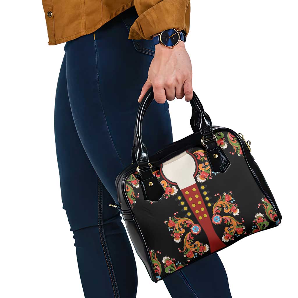 Norwegian Male Bunad Shoulder Handbag with Rosemaling Folk Art Black Color LT03