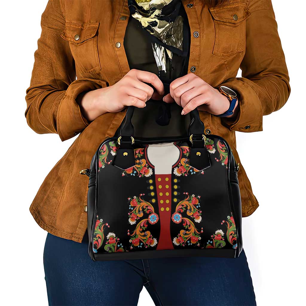 Norwegian Male Bunad Shoulder Handbag with Rosemaling Folk Art Black Color LT03