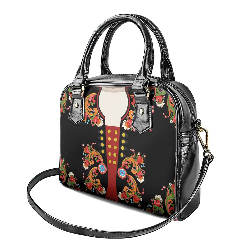 Norwegian Male Bunad Shoulder Handbag with Rosemaling Folk Art Black Color LT03
