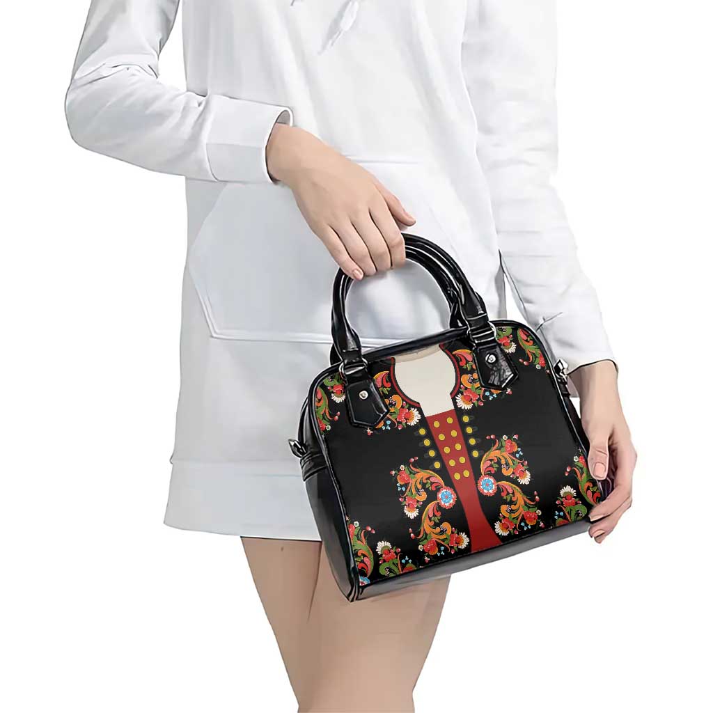Norwegian Male Bunad Shoulder Handbag with Rosemaling Folk Art Black Color LT03
