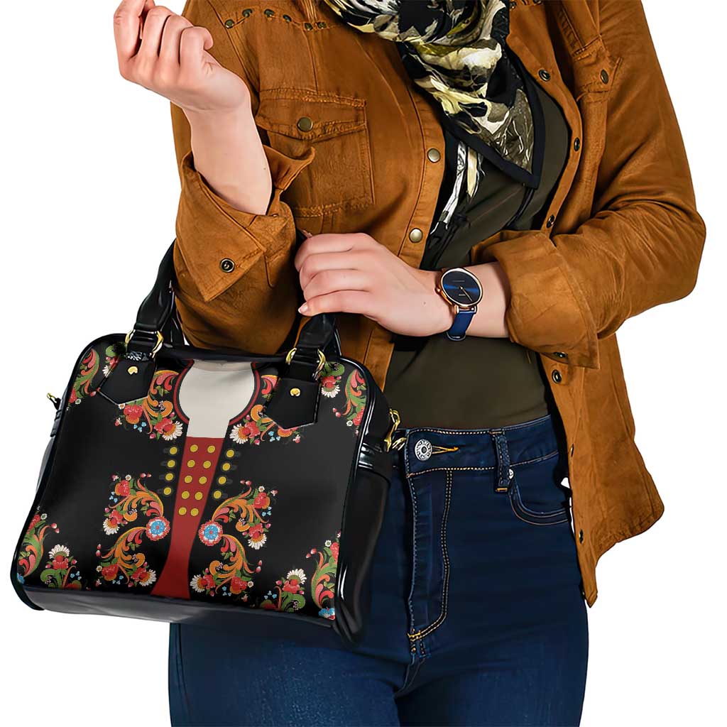 Norwegian Male Bunad Shoulder Handbag with Rosemaling Folk Art Black Color LT03