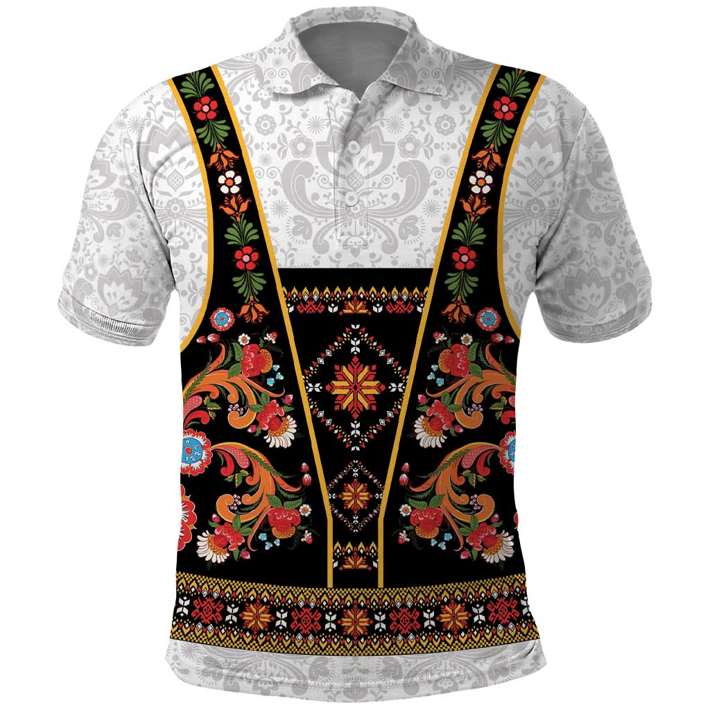 Norwegian Female Bunad Polo Shirt with Rosemaling Folk Art Black Color LT03