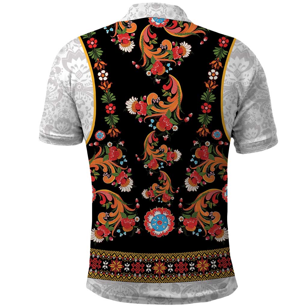 Norwegian Female Bunad Polo Shirt with Rosemaling Folk Art Black Color LT03