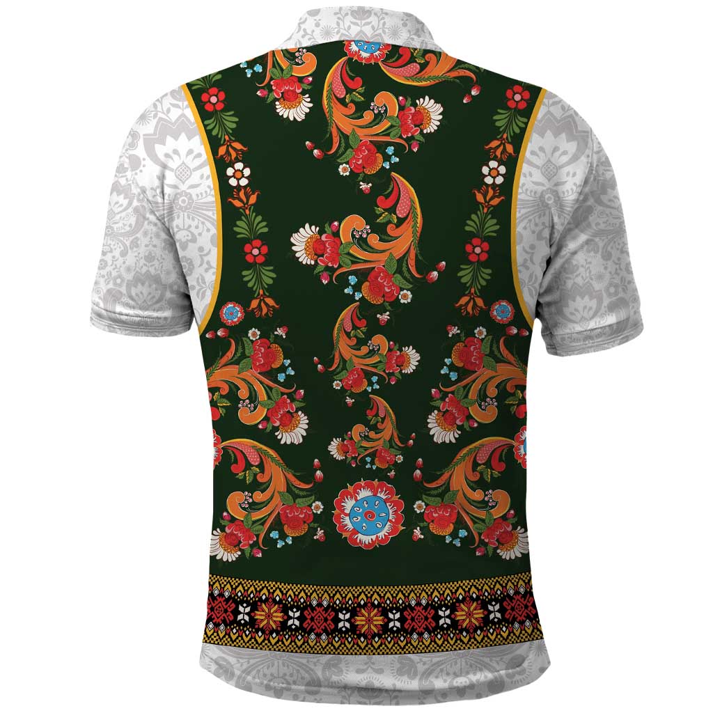 Norwegian Female Bunad Polo Shirt with Rosemaling Folk Art Green Color LT03