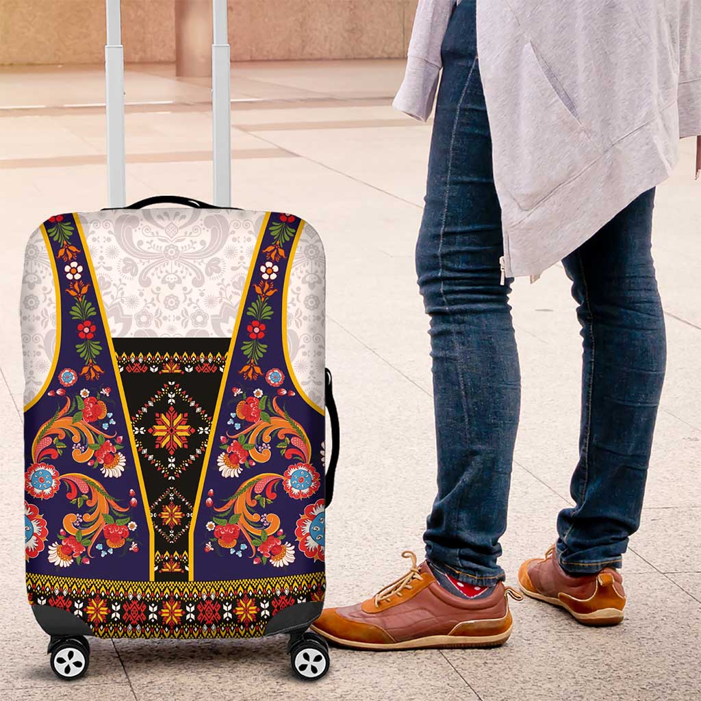 Norwegian Female Bunad Luggage Cover with Rosemaling Folk Art Navy Color LT03