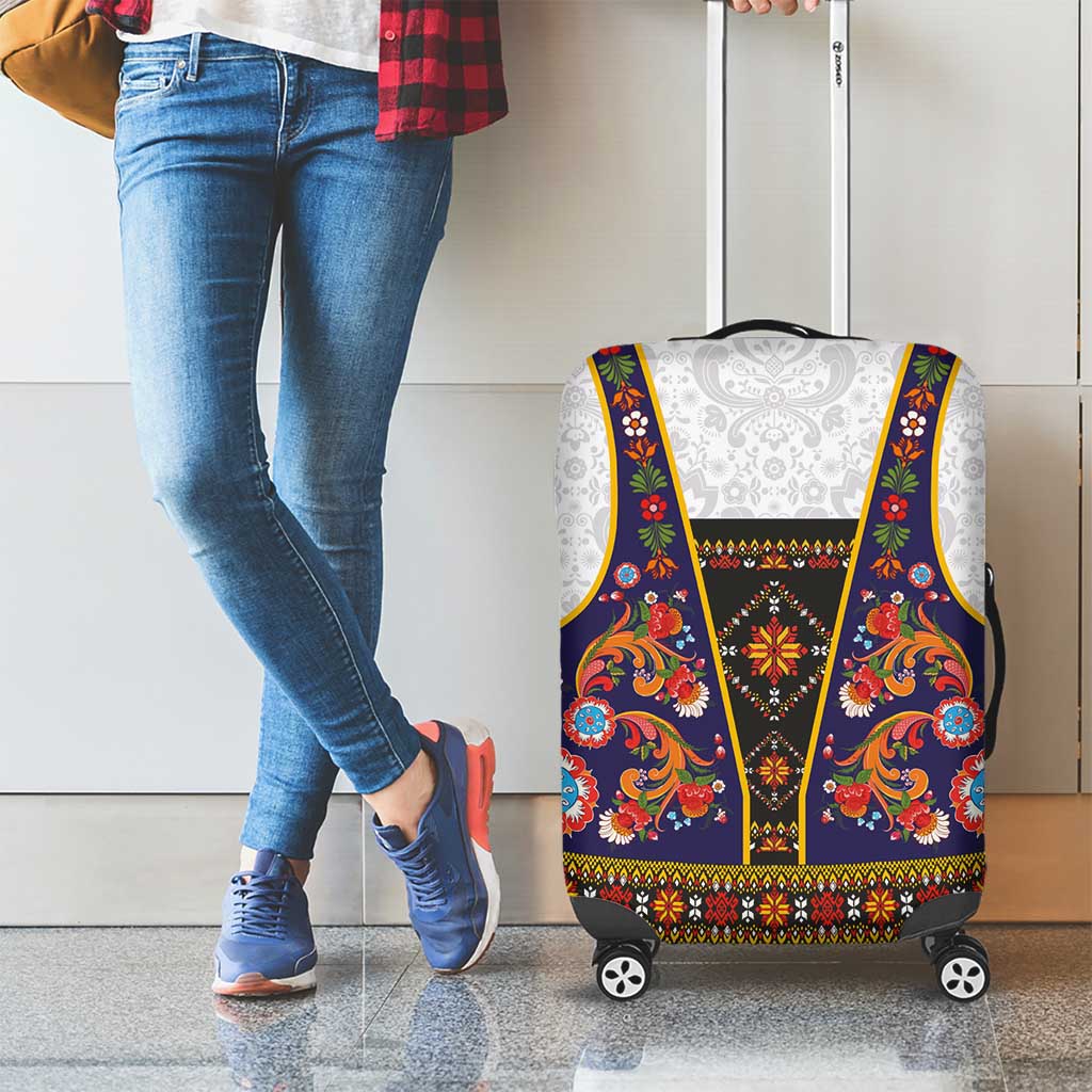 Norwegian Female Bunad Luggage Cover with Rosemaling Folk Art Navy Color LT03