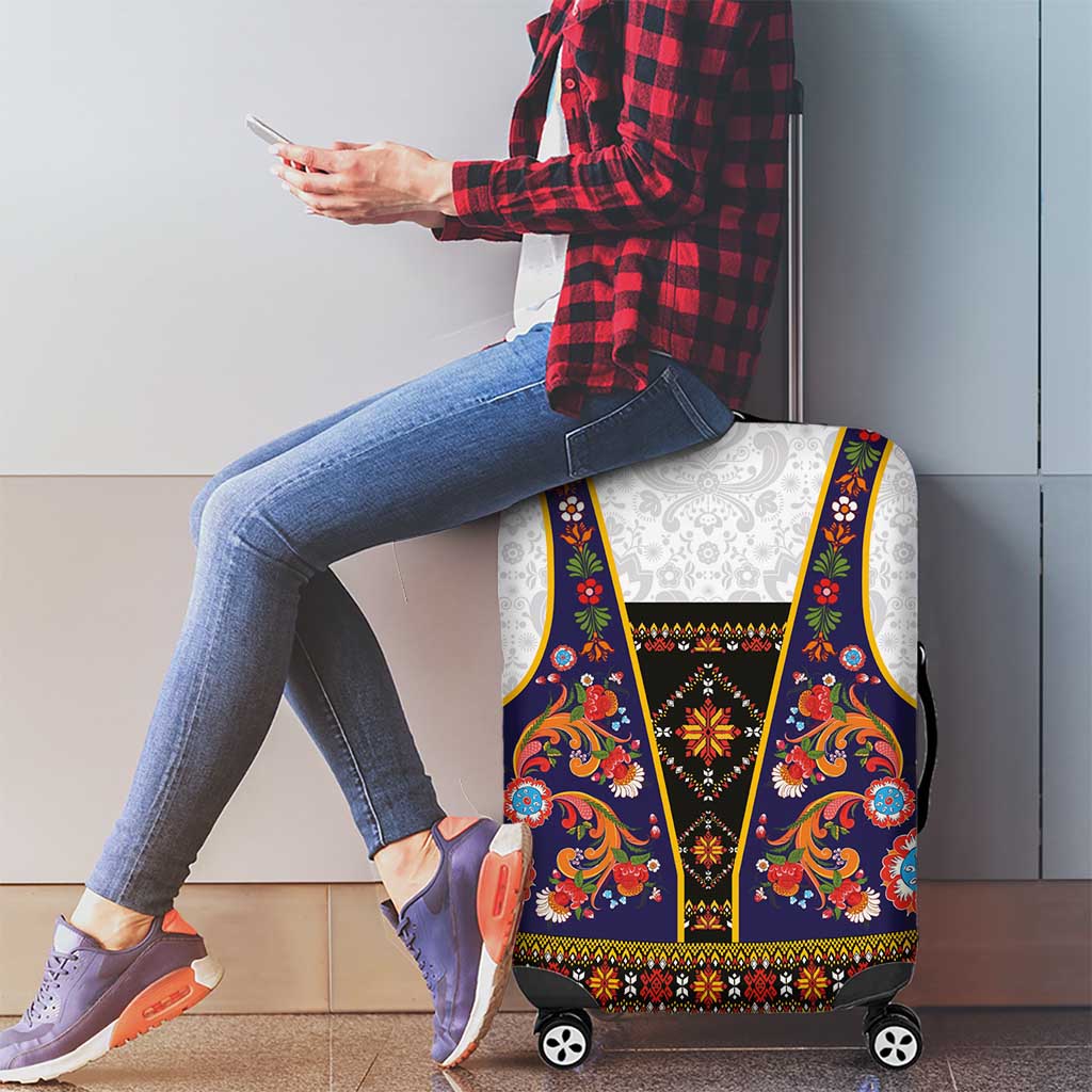 Norwegian Female Bunad Luggage Cover with Rosemaling Folk Art Navy Color LT03