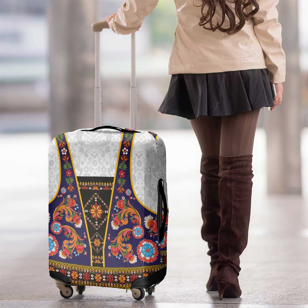 Norwegian Female Bunad Luggage Cover with Rosemaling Folk Art Navy Color LT03