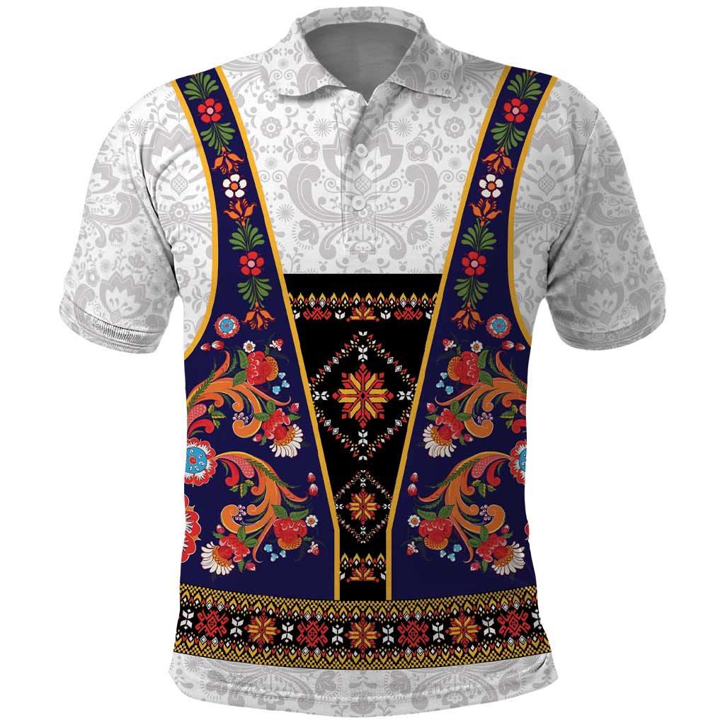 Norwegian Female Bunad Polo Shirt with Rosemaling Folk Art Navy Color LT03