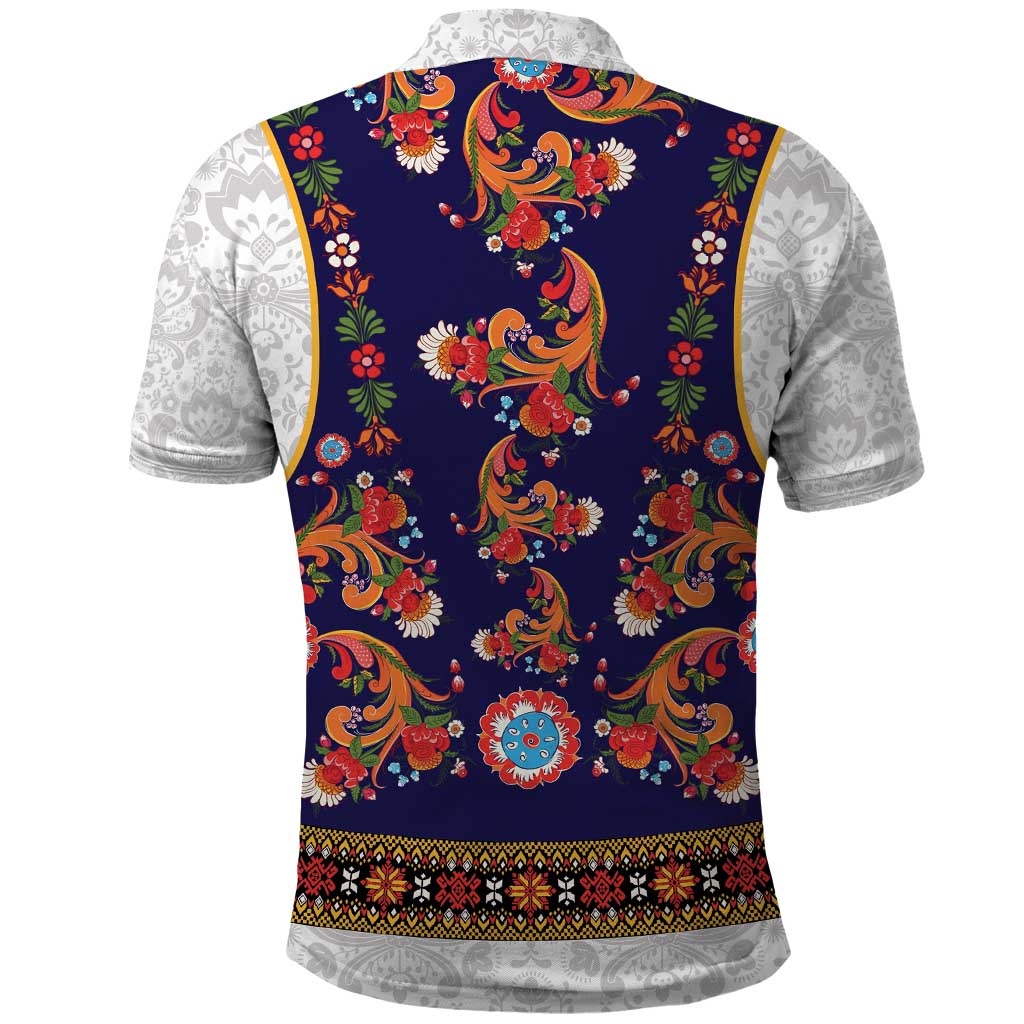 Norwegian Female Bunad Polo Shirt with Rosemaling Folk Art Navy Color LT03