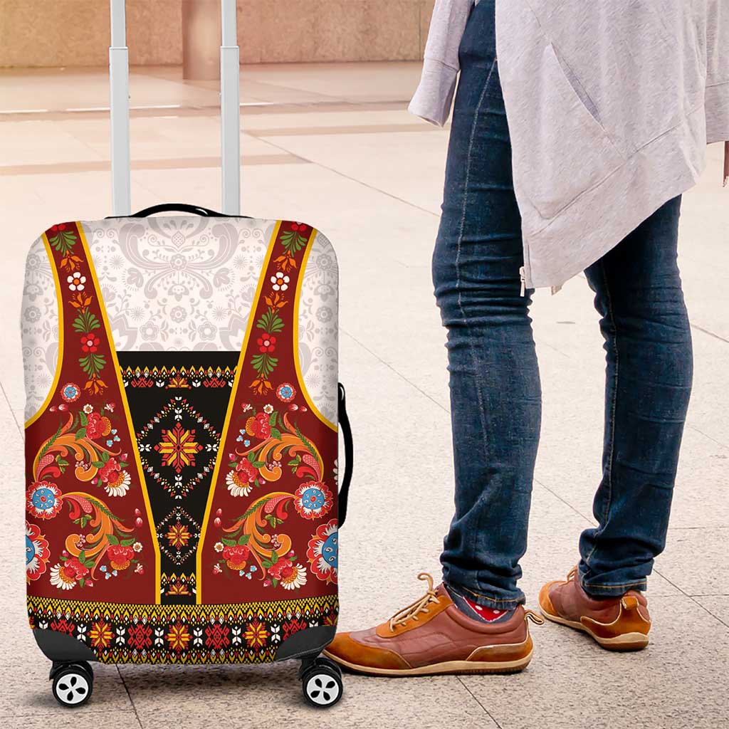 Norwegian Female Bunad Luggage Cover with Rosemaling Folk Art Red Color LT03