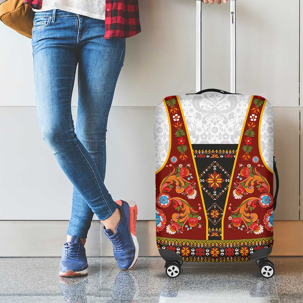 Norwegian Female Bunad Luggage Cover with Rosemaling Folk Art Red Color LT03