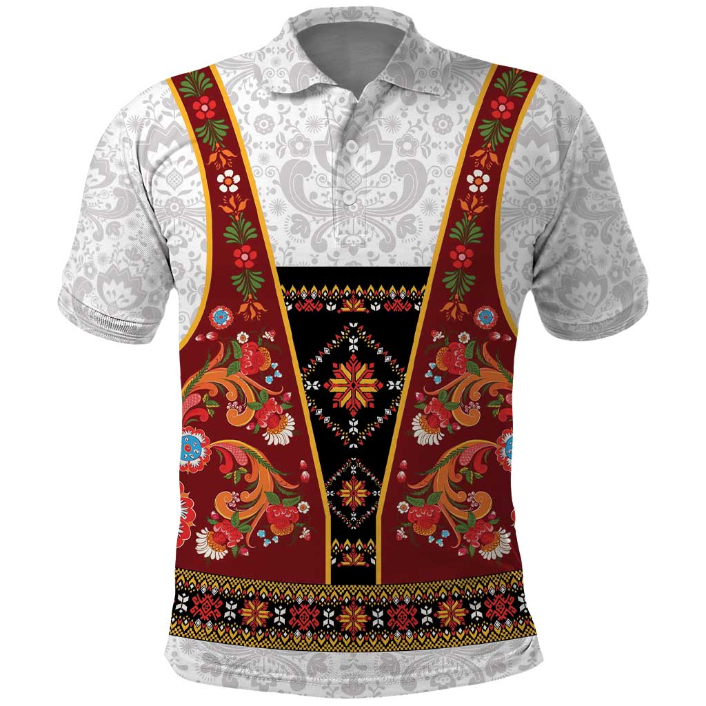 Norwegian Female Bunad Polo Shirt with Rosemaling Folk Art Red Color LT03