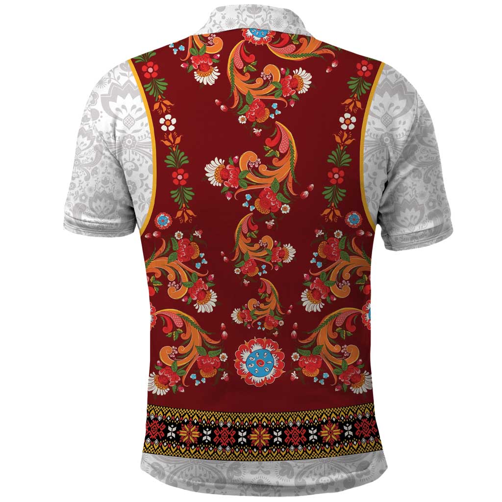 Norwegian Female Bunad Polo Shirt with Rosemaling Folk Art Red Color LT03