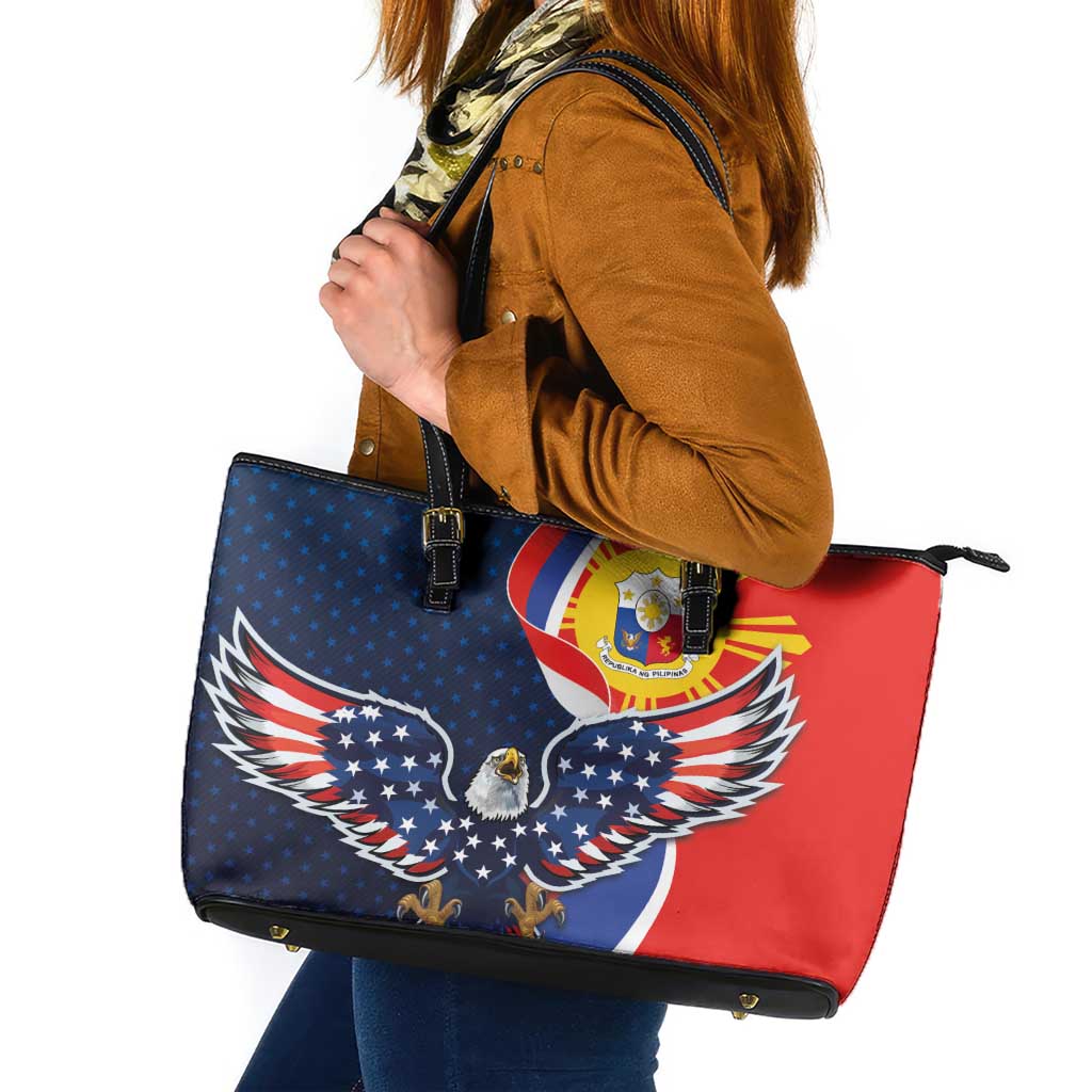 Filipino American History Month Leather Tote Bag USA Eagle and Philippines Sun Symbol with National Flag LT03