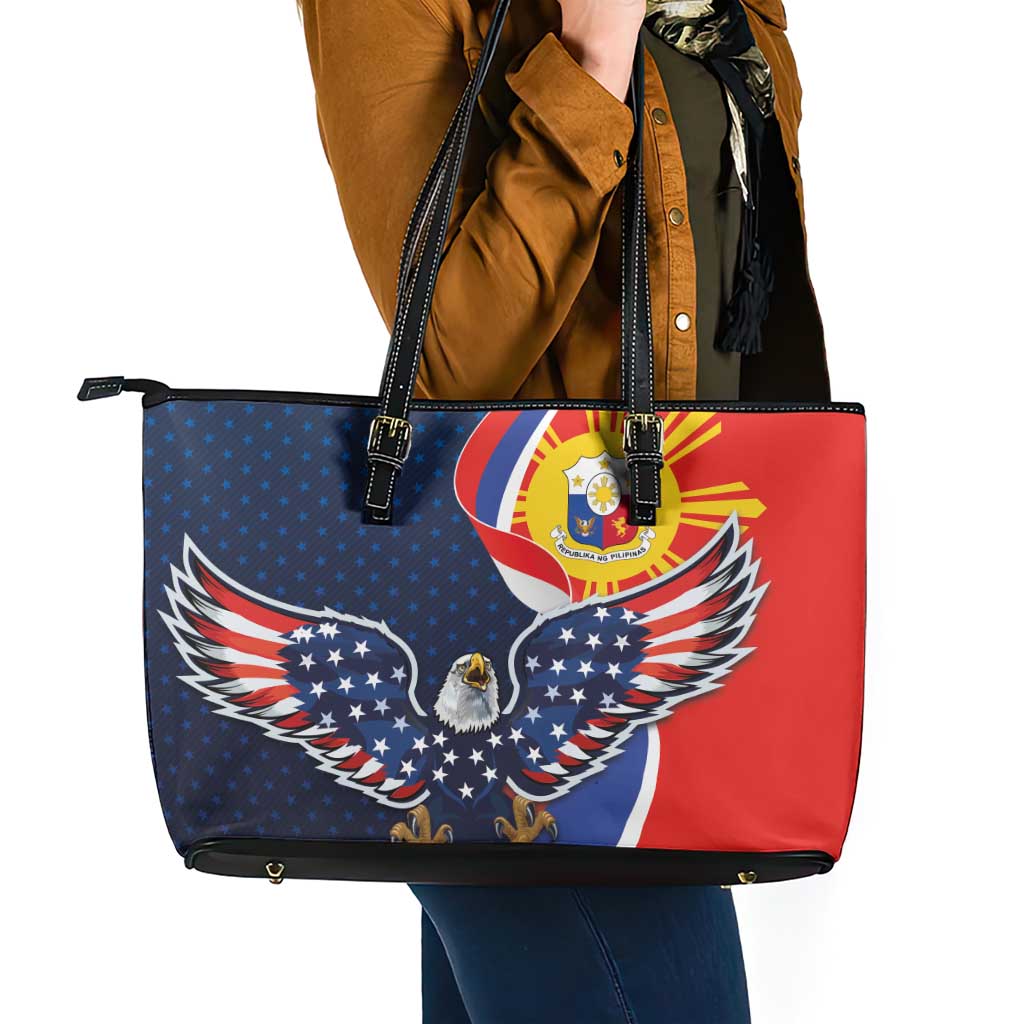 Filipino American History Month Leather Tote Bag USA Eagle and Philippines Sun Symbol with National Flag LT03